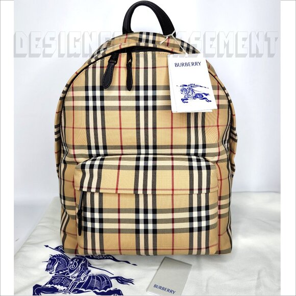 BURBERRY black Leather trim JETT beige Archive Vintage Check nylon zip Backpack - Picture 2 of 12